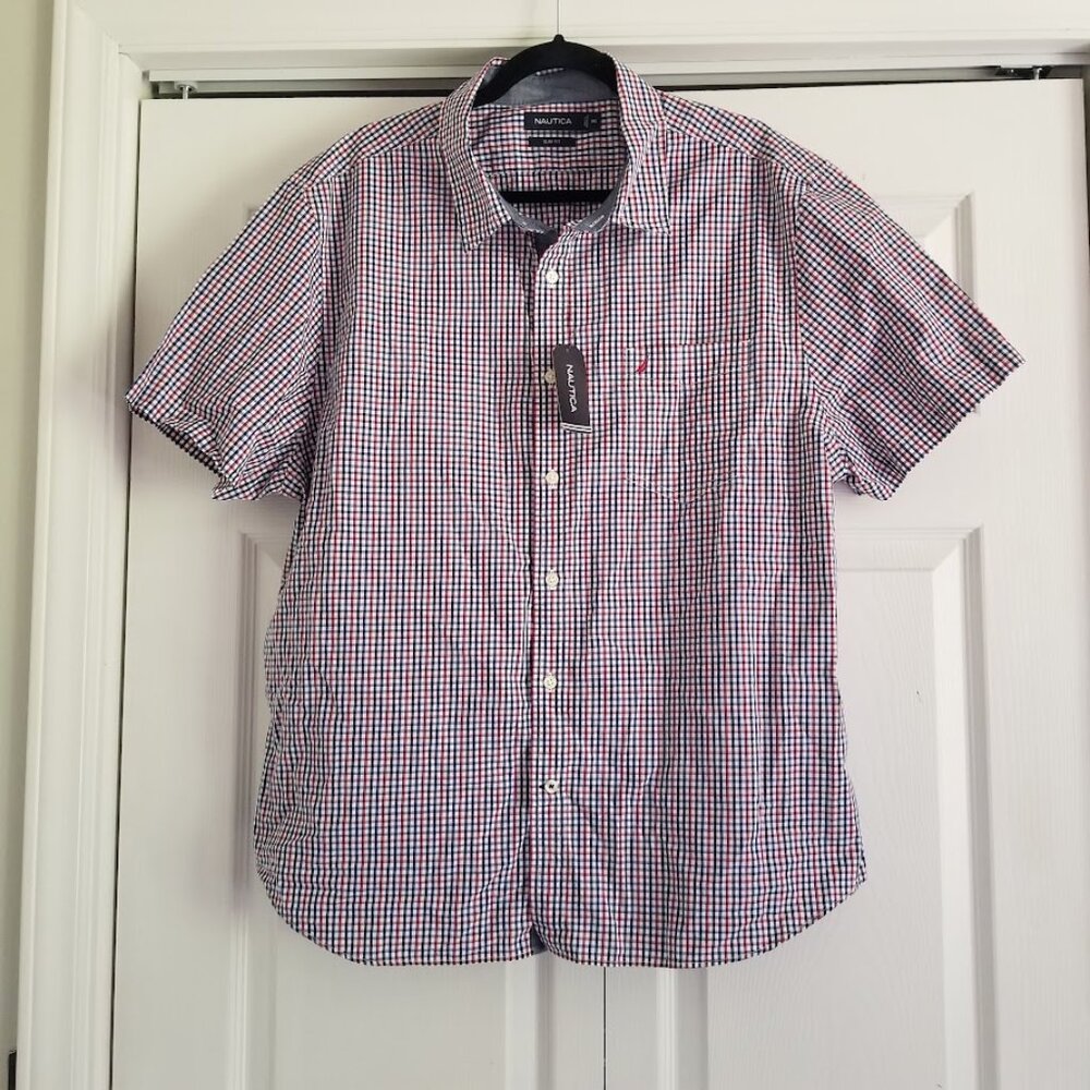Nautica Men's Shirt XX-Large Red White Blue Slim Fit Button Up Plaid Logo Cotton